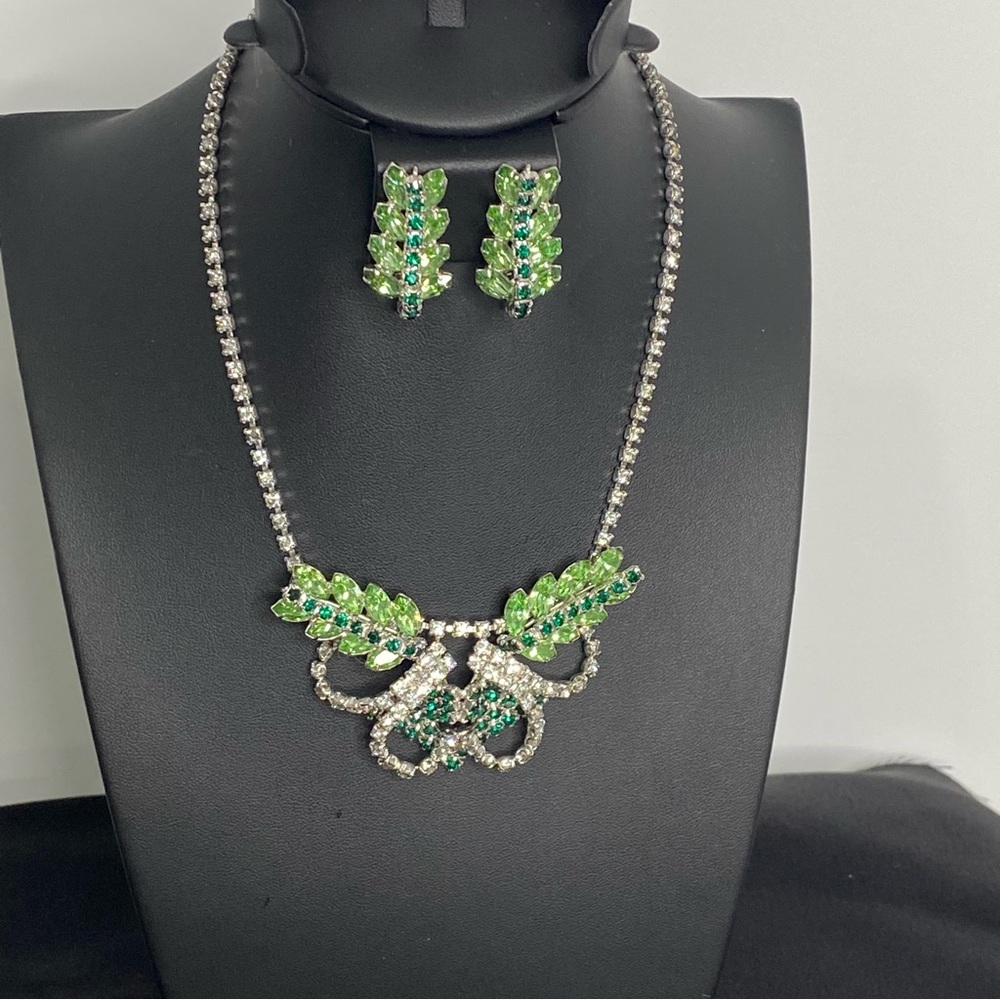 Vintage Rhinestone Necklace and Earrings, Stunning Looped Design in Greens